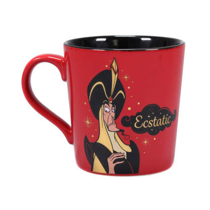 Feel ecstatic with this Disney Aladdin mug that features the dastardly villian of the animated classic, Jafar. With a lovely tapered shape, this eye-catching mug features the words, "How I feel on a Monday morning?" on one side in a delightfully decadent black, gold and crimson design, while the other side has character art of Jafar with the word, "Estatic" printed in black and gold. The mug is also packaged in a printed gift box, making this an ideal present for any Disney fan and a must for any Aladdin display.\n\nDimensions: 325ml - 9.5 (h) x 12.5 (w) x 9 (d) cm\nPackaging: Gift box\nComposition: Stoneware
