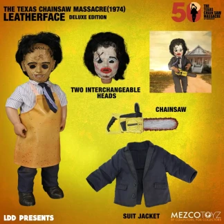 Mezco Living Dead Dolls Leatherface Deluxe Edition. Leatherface is primed to slice through anything in his way, wielding his infamous chainsaw.