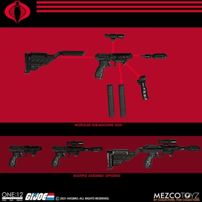 "Close-up of the modular sub-machine gun accessory for the Mezco One:12 Collective Destro figure, showing its disassembled parts at the top and multiple assembly options for the gun at the bottom, against a solid red background."