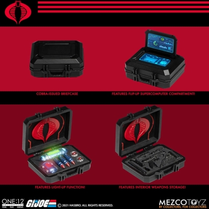 "Four panel image showcasing the Cobra-issued briefcase accessory for Mezco One:12 Collective Destro. Panels show the closed briefcase, open with a flip-up supercomputer screen, open with light-up function and internal gadgets, and open with interior weapons storage."