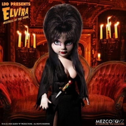elvira living dead doll photographed from varied angles with spooky background