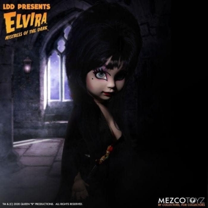 elvira living dead doll photographed from varied angles with spooky background