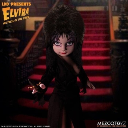 elvira living dead doll photographed from varied angles with spooky background