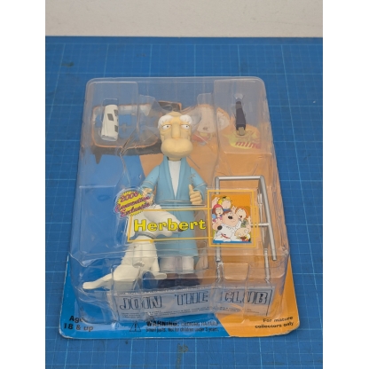 "Back view of the packaging for a Mezco Family Guy Herbert action figure, showing character art and product details."