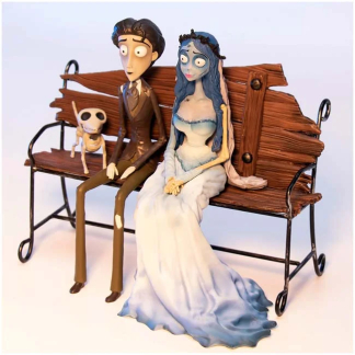 The Corpse Bride Victor and Emily with Scraps on Bench Figure Set