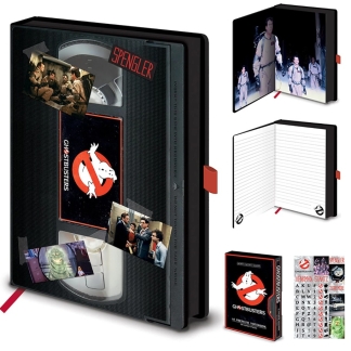 Ghostbusters A5 premium notebook designed to look like a vintage VHS video tape case.