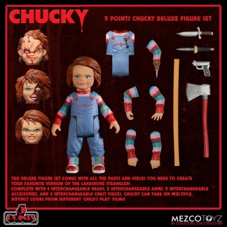 Close-up of the Chucky figure surrounded by four interchangeable heads, including the scarred and "Pizza Face" variants.