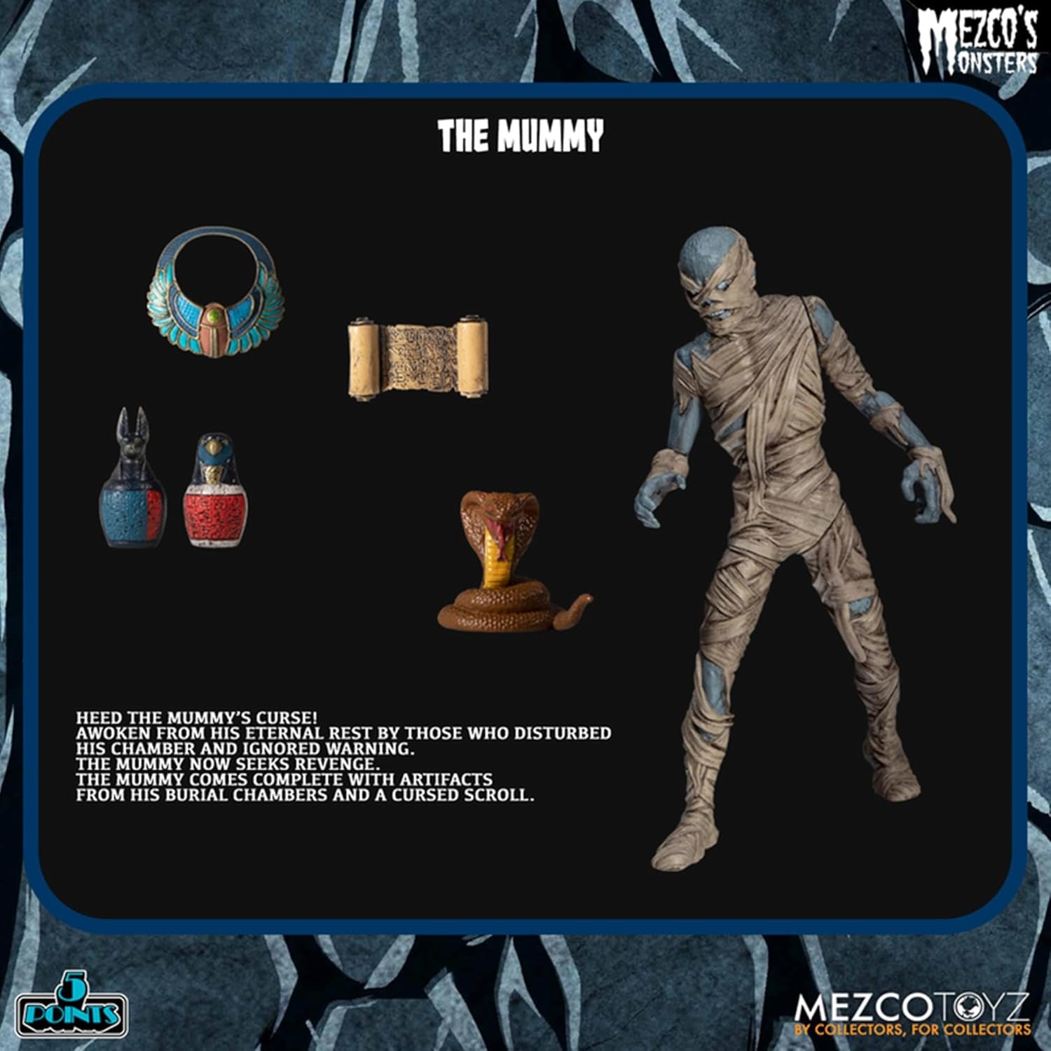 he Mummy figure standing beside a highly detailed golden Egyptian sarcophagus.
