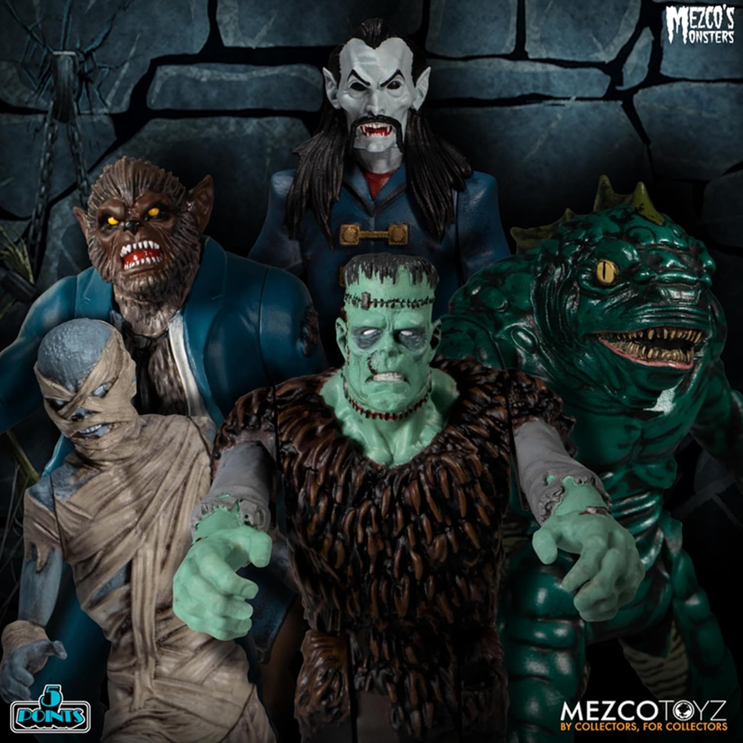 Group shot of the four 3.75-inch figures: Dracula, Frankenstein’s Monster, The Mummy, and the Sea Creature.