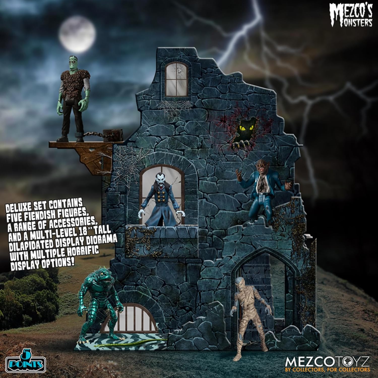 The fully assembled 4-story Tower of Fear castle diorama with all figures posed in different rooms.