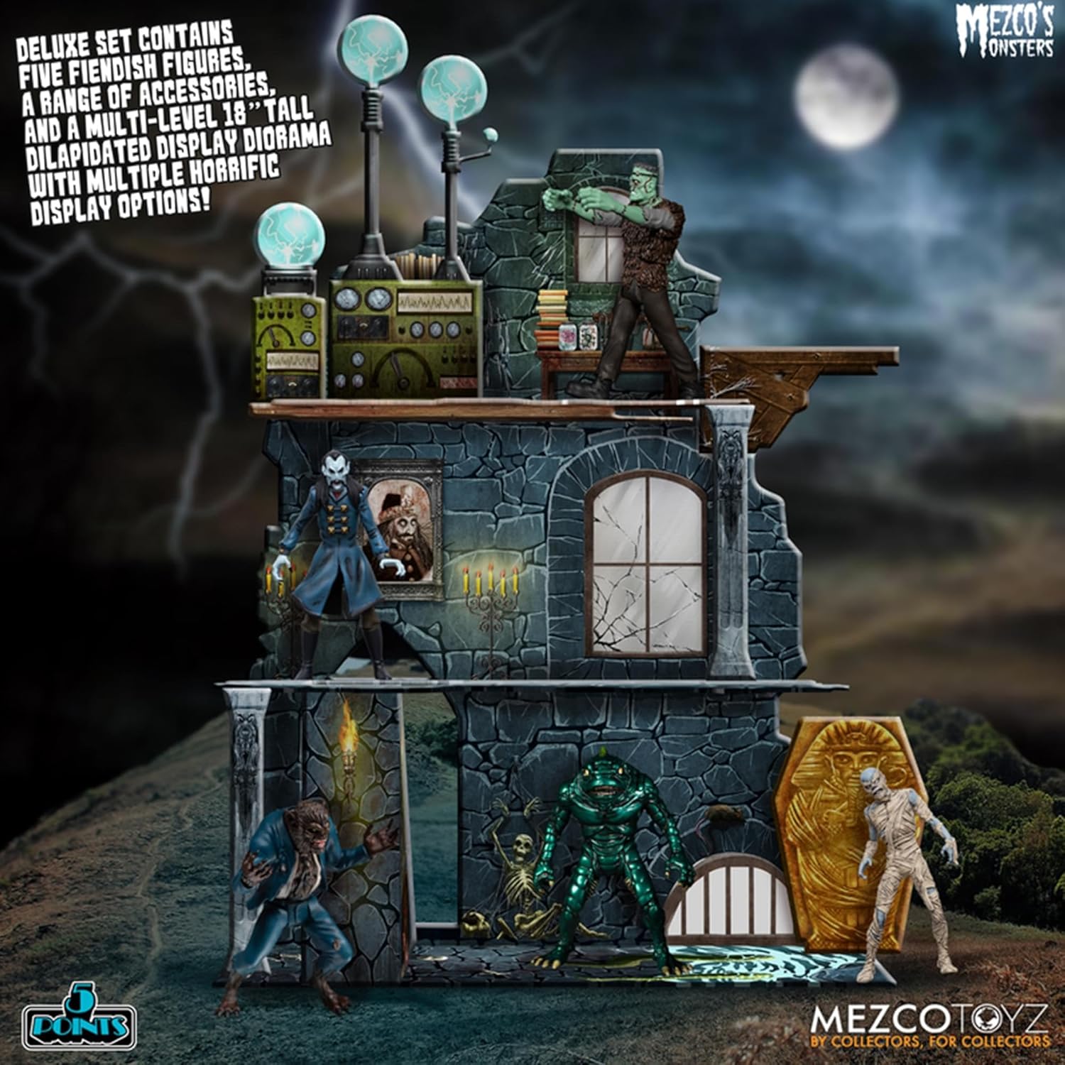 The fully assembled 4-story Tower of Fear castle diorama with all figures posed in different rooms.