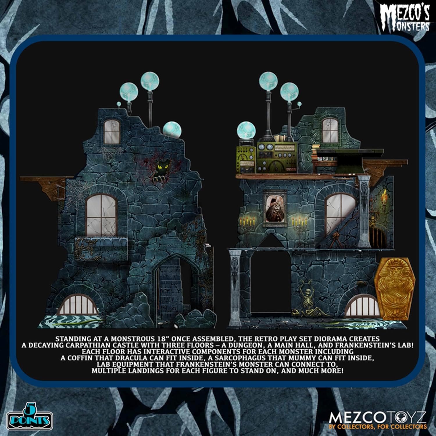 The fully assembled 4-story Tower of Fear castle diorama with all figures posed in different rooms.