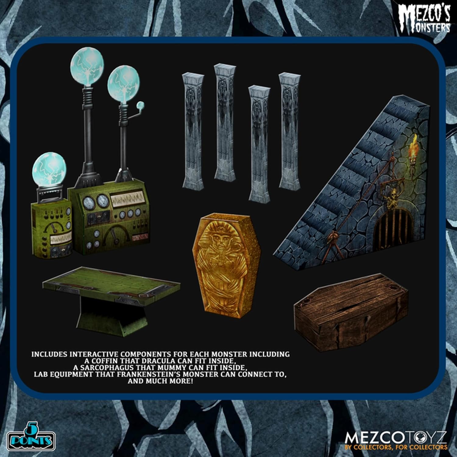 The fully assembled 4-story Tower of Fear castle diorama with all figures posed in different rooms.