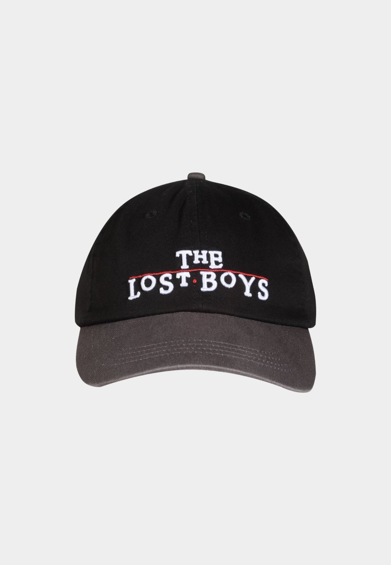 The Lost Boys official black baseball cap with red movie logo embroidery.