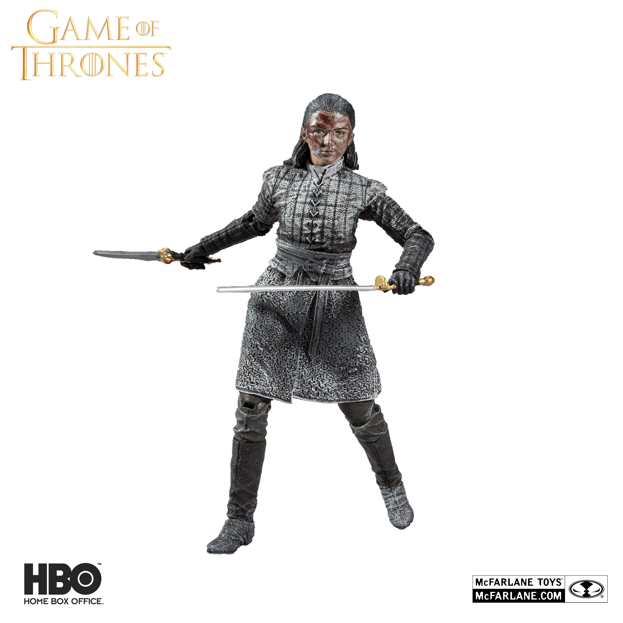 Arya Stark bloody variant figure in a dynamic combat pose holding both sword and dagger.