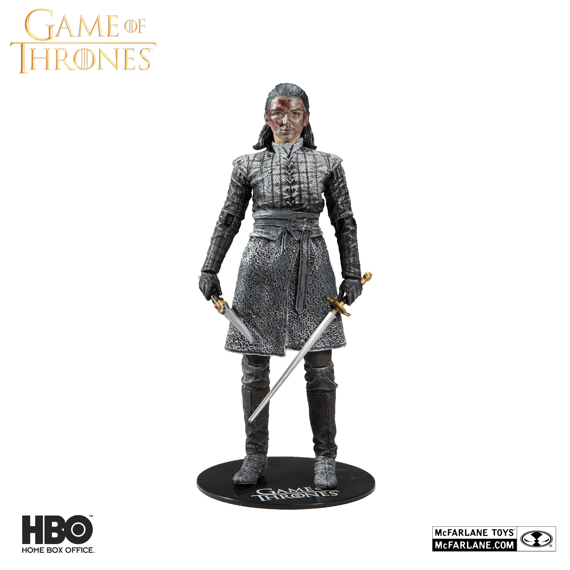 Front view of Game of Thrones Arya Stark action figure standing on a branded black circular base.