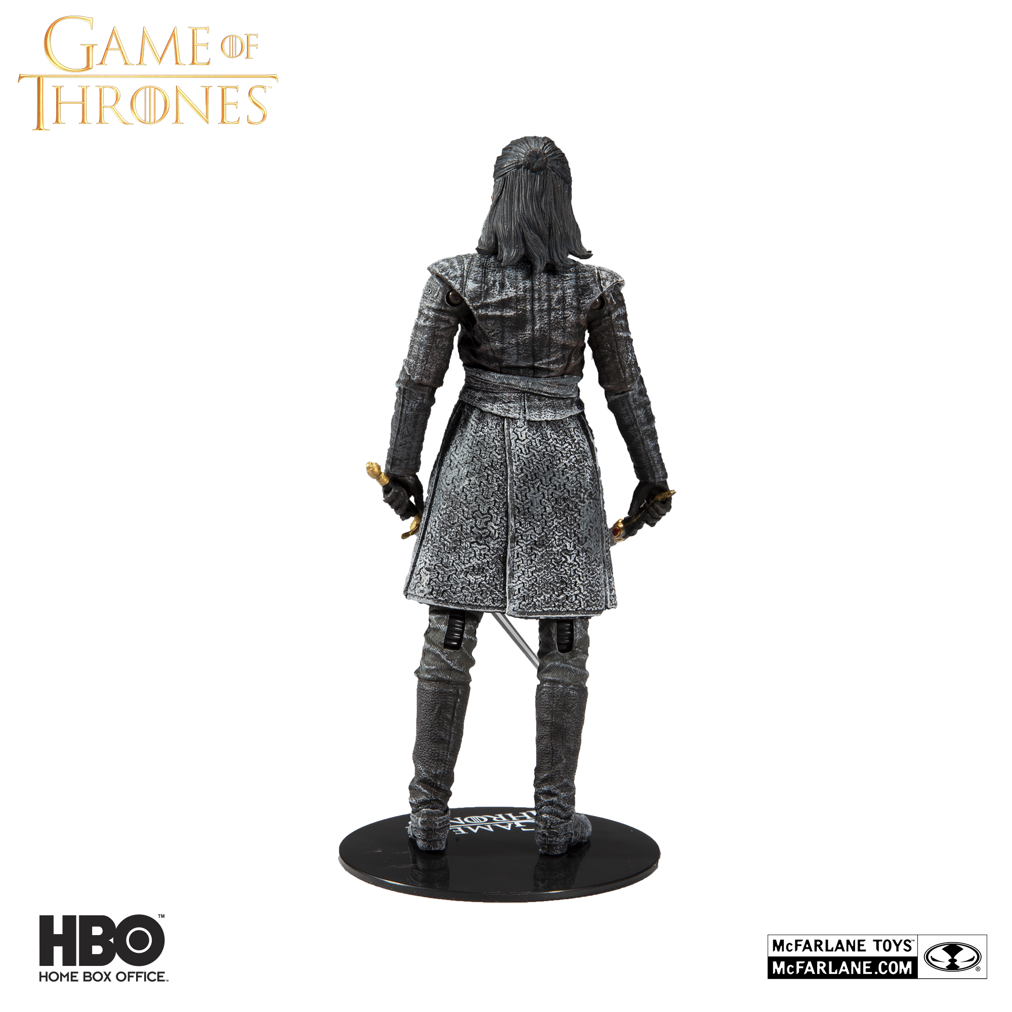 Back view of Arya Stark action figure showing textured gray armor and hair detail.