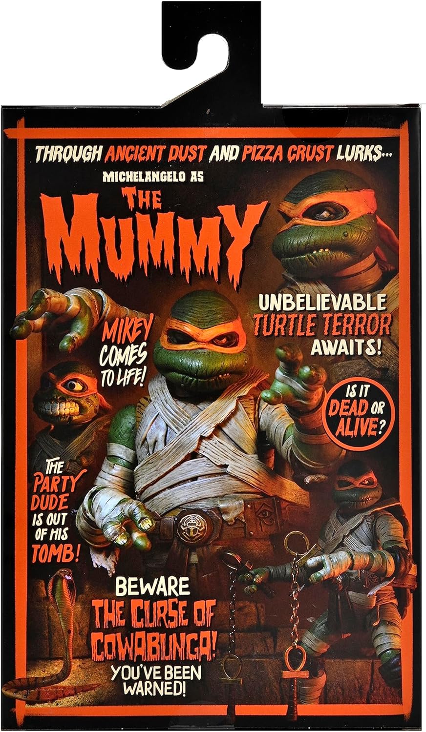Back of the retail packaging for Michelangelo as The Mummy, showcasing the figure in various poses with its accessories and backdrop.