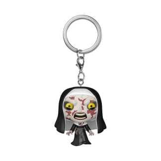 Funko Pocket POP! keychain of The Nun from the movie The Nun II, featuring the character in a black habit with pale skin and yellow eyes, attached to a silver keyring
