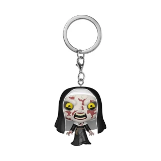 Funko Pocket POP! keychain of The Nun from the movie The Nun II, featuring the character in a black habit with pale skin and yellow eyes, attached to a silver keyring