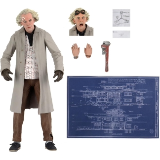Close-up of the Doc Brown action figure face sculpt, showing the realistic likeness of Christopher Lloyd with his wild white hair and expressive eyes.