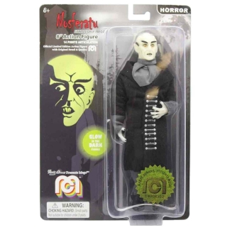 Mego 8-inch Nosferatu action figure wearing a black fabric coat and showing long clawed hands and a bald vampire head