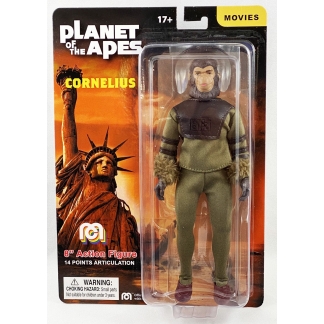 Mego 8-inch Cornelius action figure wearing his signature green fabric tunic and trousers from Planet of the Apes