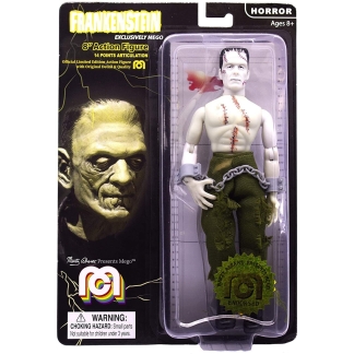 The Mego Manacled Frankenstein figure standing in a classic monster pose, showcasing the 14 points of articulation and fabric clothing