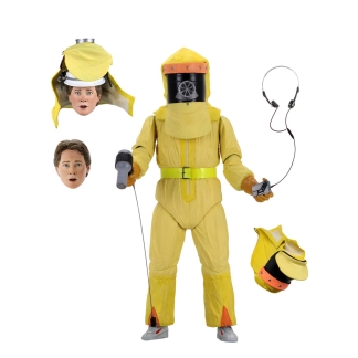 NECA Ultimate Tales from Space Marty McFly action figure wearing a yellow radiation suit and holding a hair dryer and Walkman