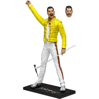 NECA Freddie Mercury 7-inch scale action figure wearing the iconic yellow Magic Tour jacket and white trousers with red stripes