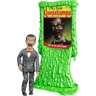 Frontal view of the 5-inch Slappy the Dummy action figure wearing a grey suit with a red bowtie and pocket square.