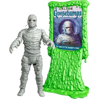 Frontal view of the Goosebumps Mummy figure showing detailed tan bandage wraps and a withered skeletal face.