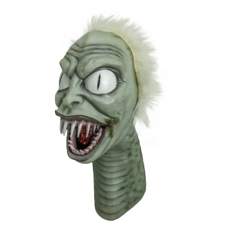 The life-size Beetlejuice snake puppet featuring black and white stripes, wild green hair, and a smaller Beetlejuice head inside its open mouth