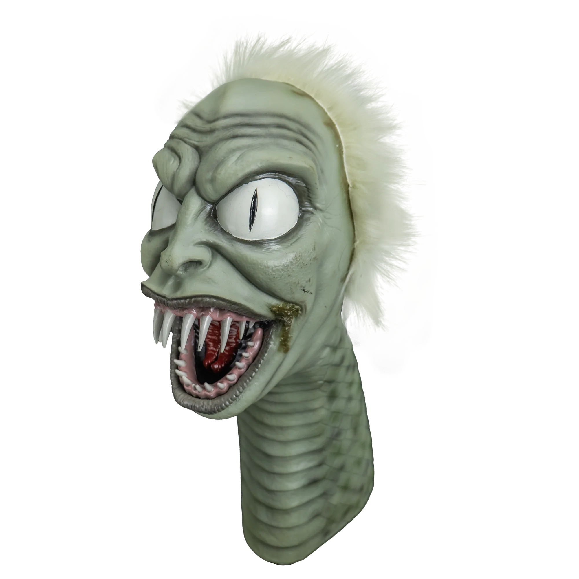 The life-size Beetlejuice snake puppet featuring black and white stripes, wild green hair, and a smaller Beetlejuice head inside its open mouth