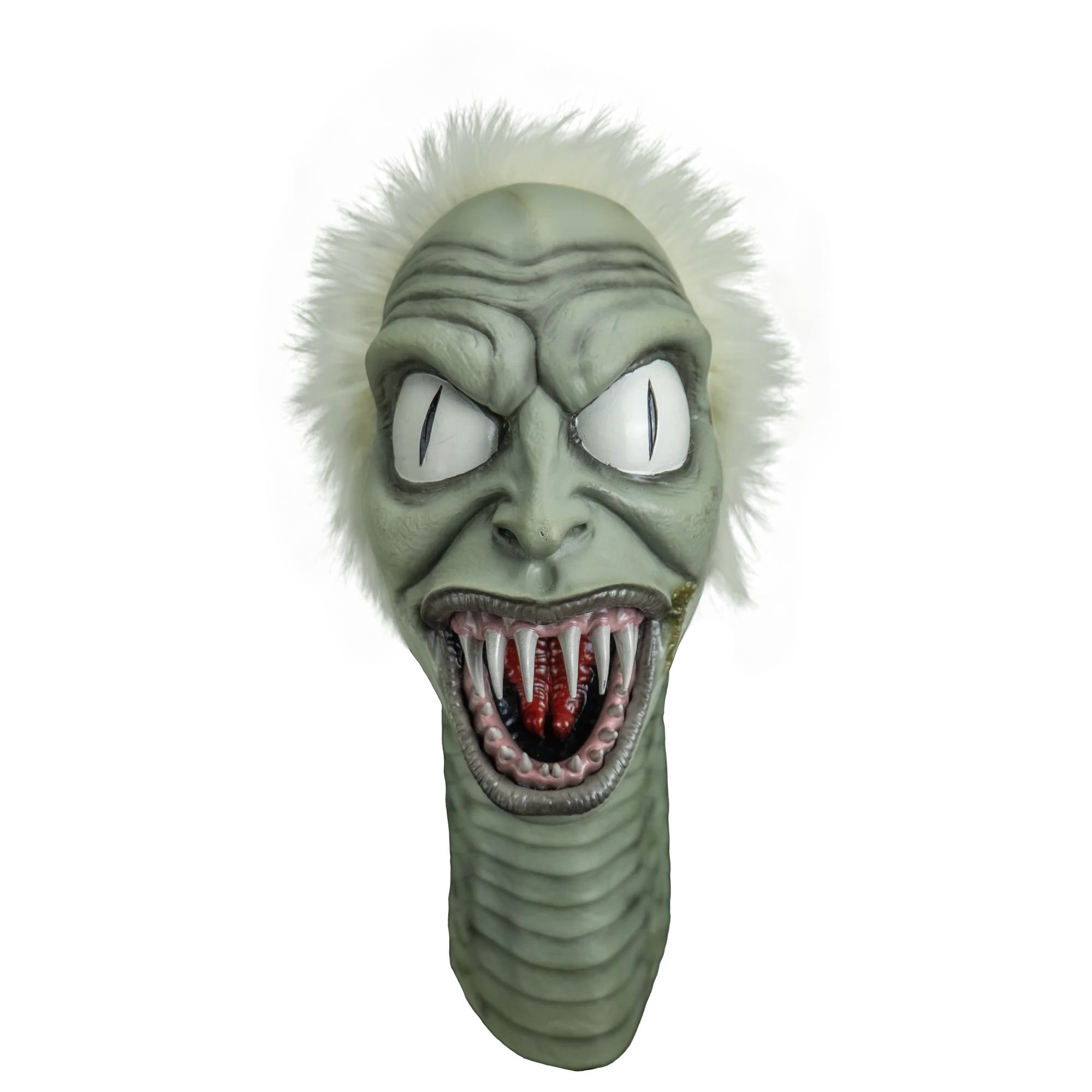 The life-size Beetlejuice snake puppet featuring black and white stripes, wild green hair, and a smaller Beetlejuice head inside its open mouth