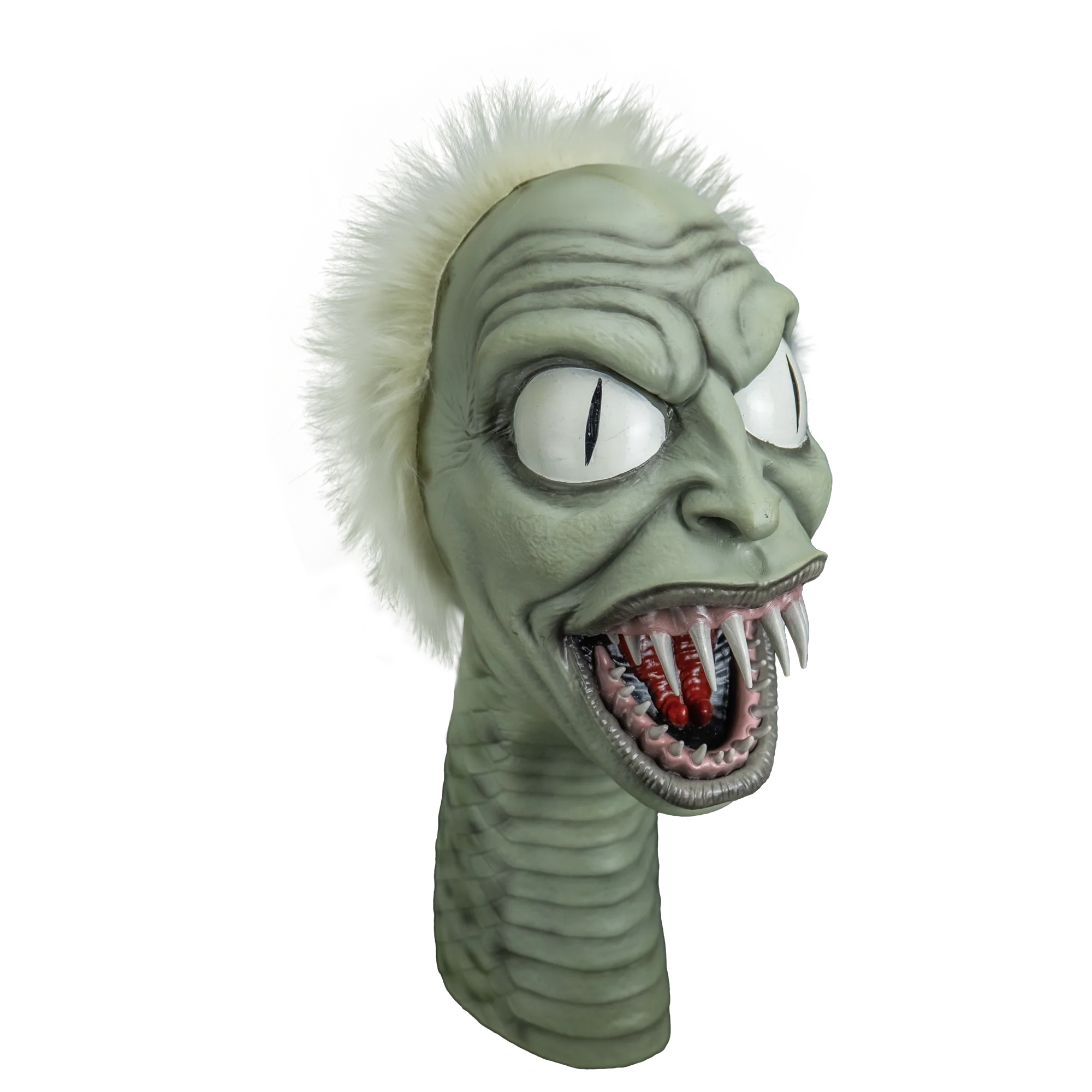 The life-size Beetlejuice snake puppet featuring black and white stripes, wild green hair, and a smaller Beetlejuice head inside its open mouth