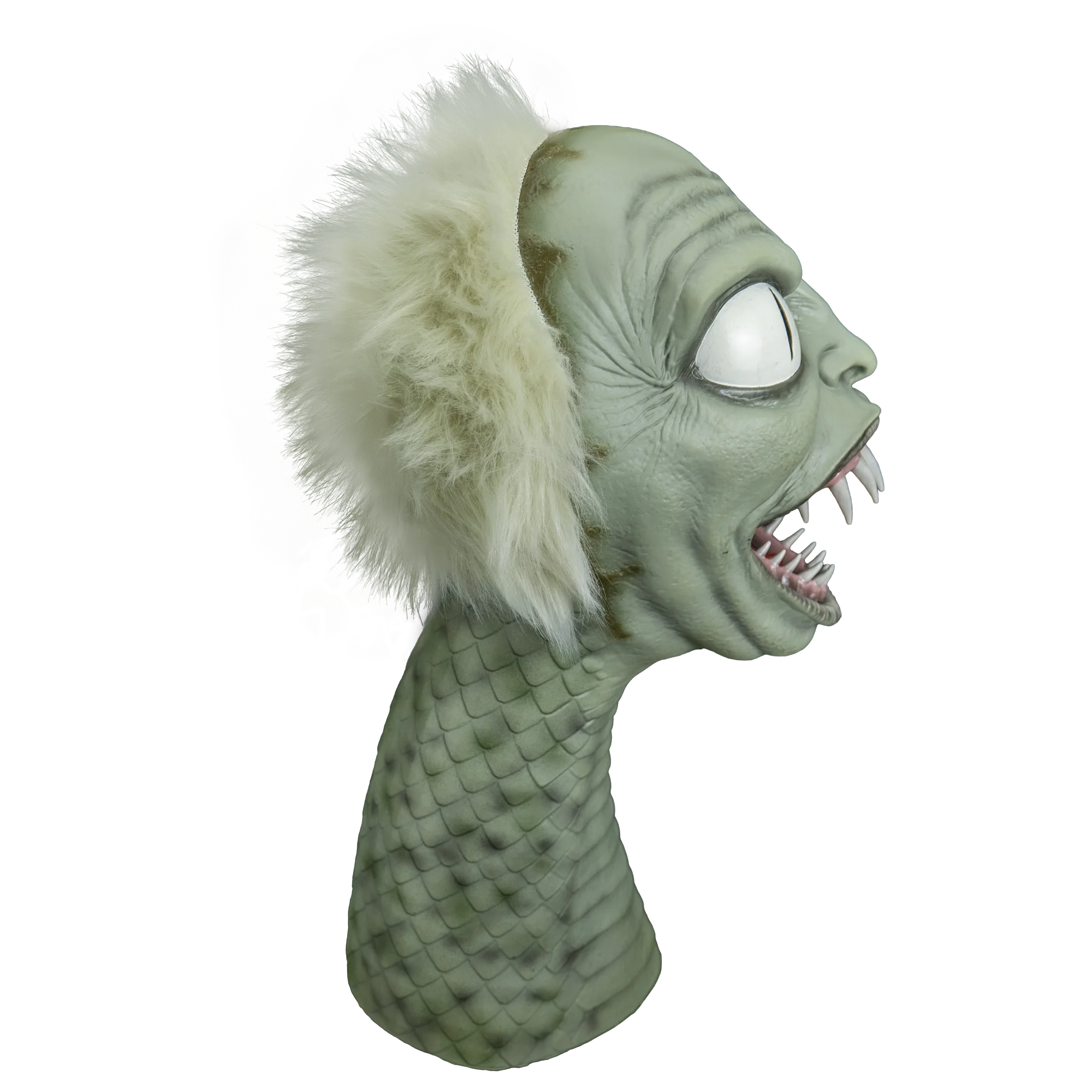 The life-size Beetlejuice snake puppet featuring black and white stripes, wild green hair, and a smaller Beetlejuice head inside its open mouth