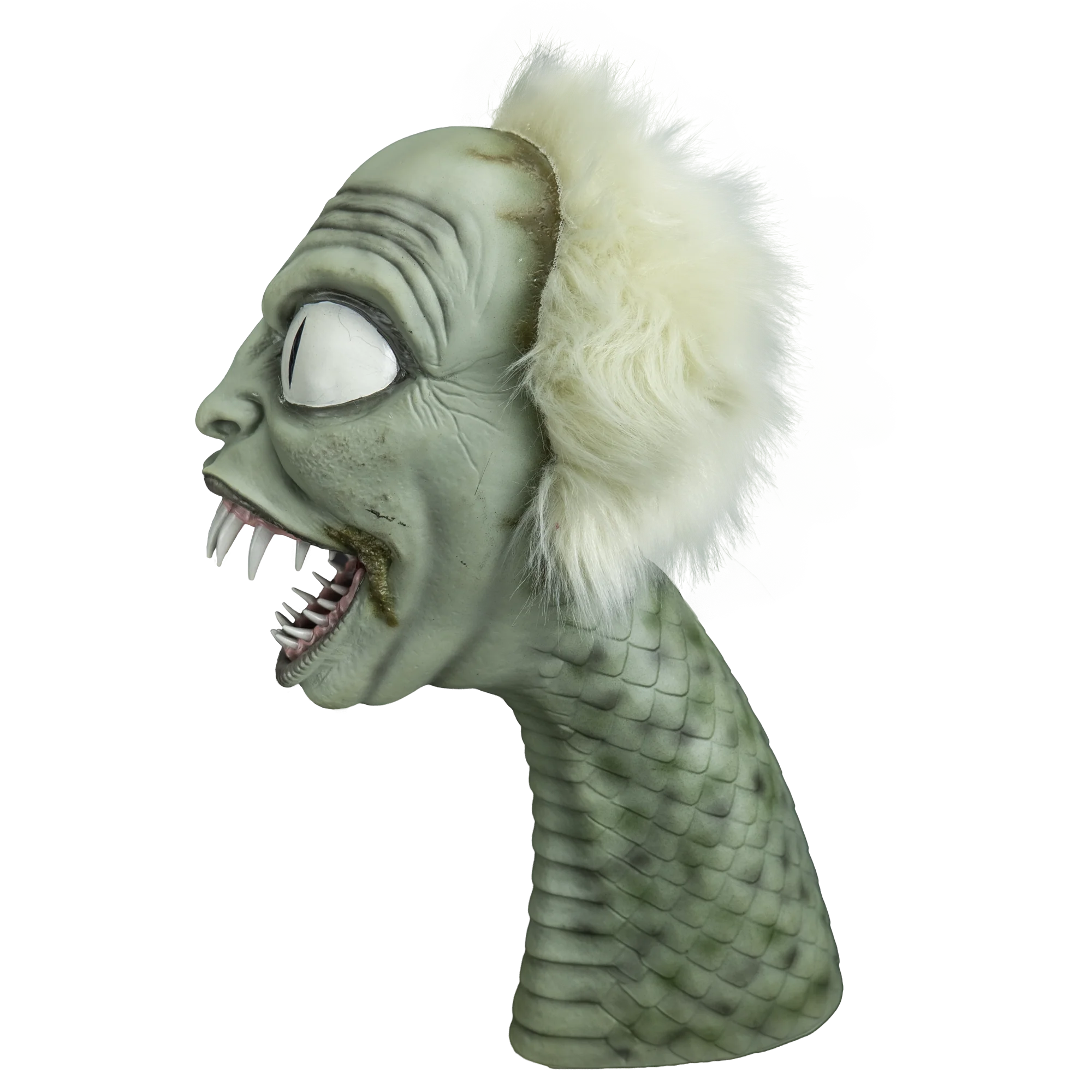 The life-size Beetlejuice snake puppet featuring black and white stripes, wild green hair, and a smaller Beetlejuice head inside its open mouth