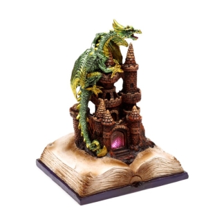 An intricately detailed green Earth Dragon wrapped around a fantasy fairytale castle, displayed as a gothic resin figurine