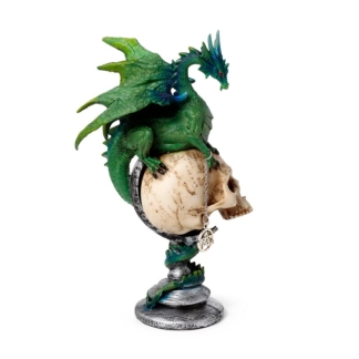 A gothic fantasy resin figurine showcasing a highly detailed black and silver dragon wrapped tightly around a weathered human skull