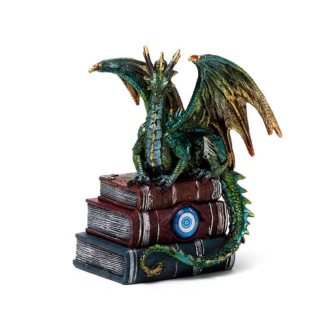 A gothic resin figurine showcasing a beautifully hand-painted blue and green Water Dragon coiled over an ancient spellbook decorated with an all-seeing eye