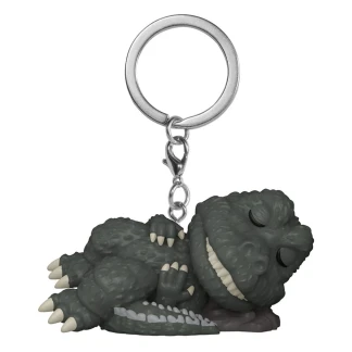 A Sleeping Godzilla Pocket Pop! keychain curled up in a resting pose standing next to its original red and white window box packaging.