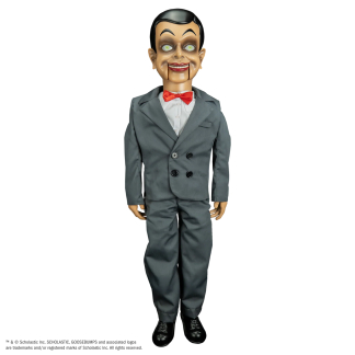 A life-size, 25-inch tall Slappy the ventriloquist dummy wearing his grey suit and red bow tie, standing in a menacing pose