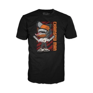 A black crewneck t-shirt featuring a front graphic print of a stylized Funko Pop! version of Chainsaw Man leaping over rubble with bold orange typography on the side