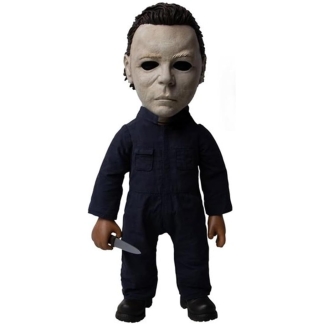 An imposing 15-inch tall Mezco Mega Scale Michael Myers action figure wearing weathered blue fabric overalls and clutching a silver chef's knife.