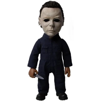 An imposing 15-inch tall Mezco Mega Scale Michael Myers action figure wearing weathered blue fabric overalls and clutching a silver chef's knife.