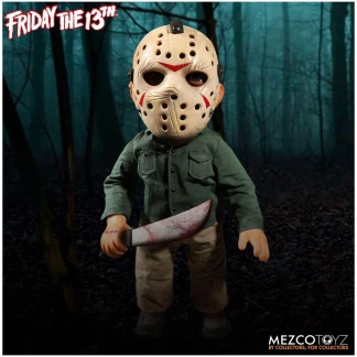 A massive, detailed 15-inch tall Mezco Mega Scale Jason Voorhees action figure wearing real fabric green work clothes and holding a silver machete.