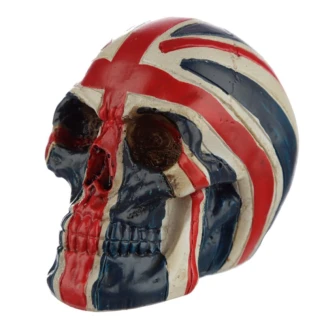 A miniature resin skull, 5.5cm tall, featuring a hand-painted Union Jack flag design with a weathered antique finish.
