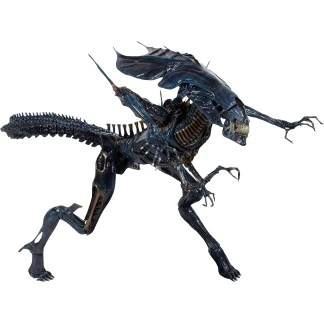 A massive, highly detailed 15-inch tall NECA Xenomorph Queen action figure with a glossy blue-black finish, displayed on a black support stand.