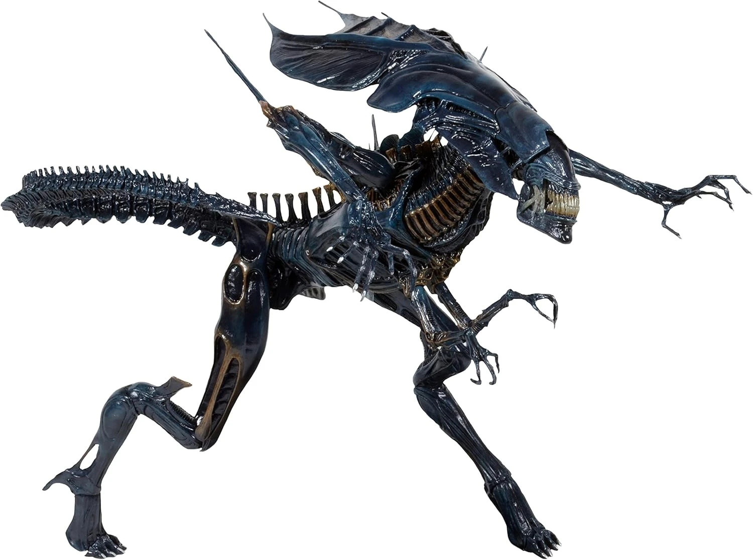 A massive, highly detailed 15-inch tall NECA Xenomorph Queen action figure with a glossy blue-black finish, displayed on a black support stand.